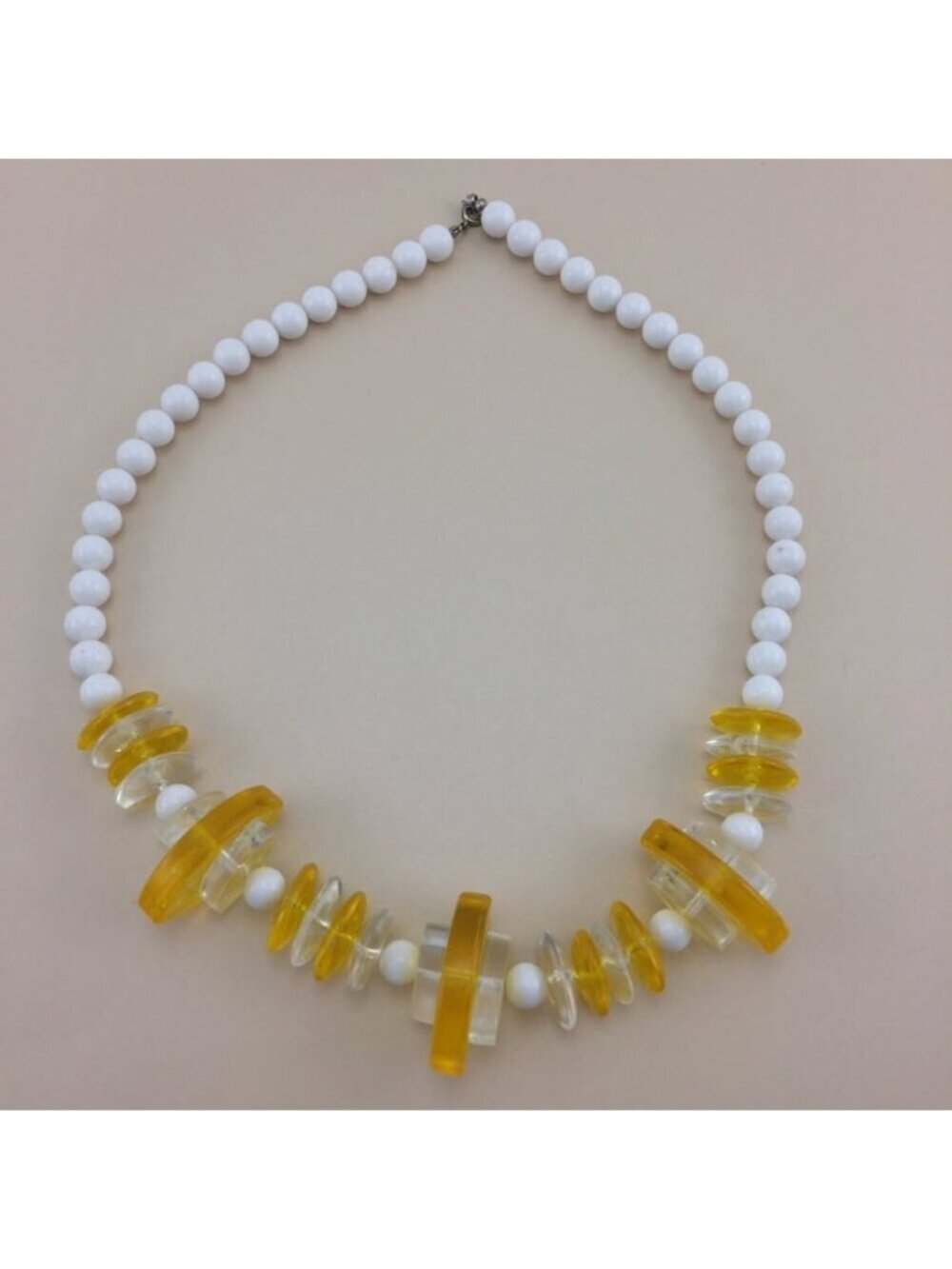 Vintage Plastic Discs Beads Beaded Necklace Clear Yellow White Chunky Runway